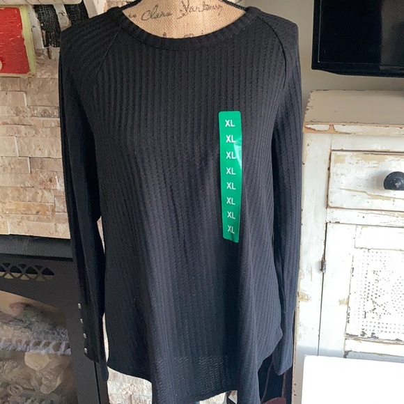 Chaser black waffle weave long sleeve shirt tunic rounded hi lo button sleeve - Picture 1 of 16